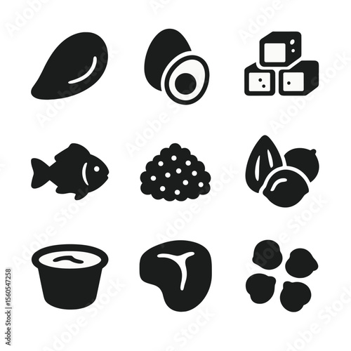 Protein Source Icons. Solid, filled icon set of protein intake sources: chicken breast, eggs, tofu, fish, lentils, nuts, yogurt,
