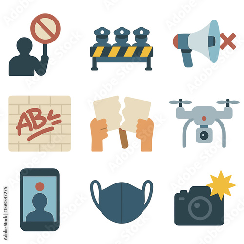 Protest Suppression Icons. Isometric Flat icon set of restricted speech and protest suppression: protestor silhouette with “no”