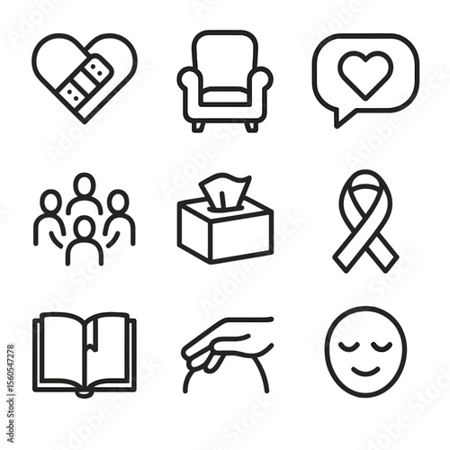 Psychological First Aid Icons. Outline icon set of psychological first aid: heart with bandage, counseling chair, speech bubble