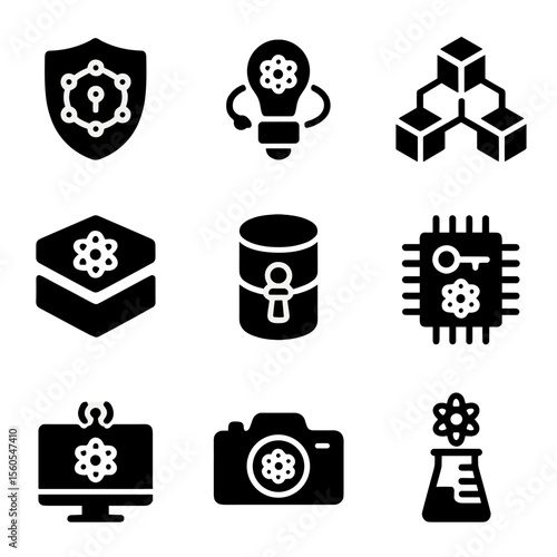 Quantum Tech Icon Set. Solid, filled icon set of quantum technology applications: quantum cryptography, quantum sensor, quantum