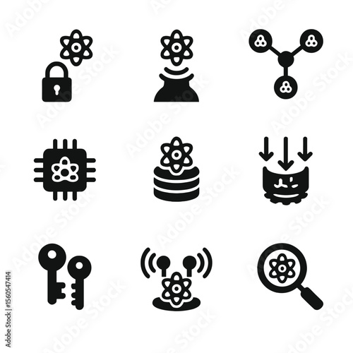 Quantum Tech Icon Set. Solid, filled icon set of quantum technology applications: quantum cryptography, quantum sensor, quantum