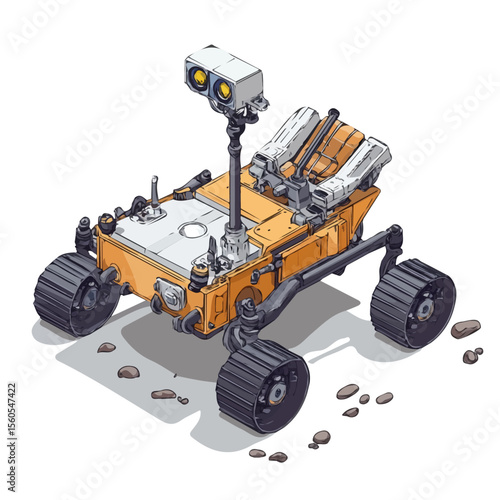 Mars Rover, vector graphic, 2D flat isometric cartoon illustration on white background.
