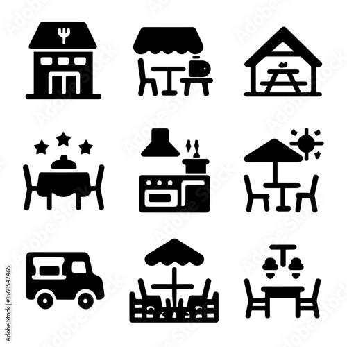 Dining Icons Grid. Solid, filled icon set of dining locations: restaurant, cafe, picnic, banquet hall, kitchen, rooftop terrace,