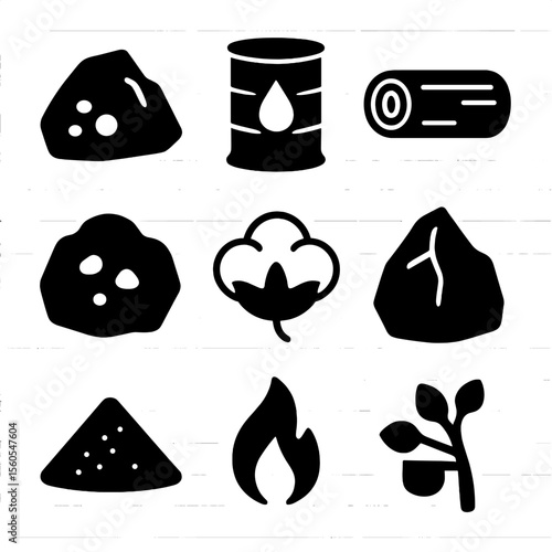 Raw Materials Icons. Solid, filled icon set of raw materials: iron ore, crude oil, timber log, coal, cotton boll, bauxite, sand