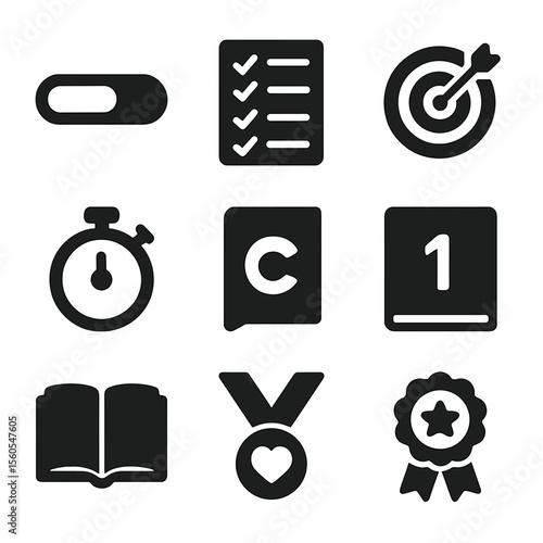 Reading Progress Icons. Solid, filled icon set of reading progress: progress bar, checklist, goal target, timer, chapter marker,