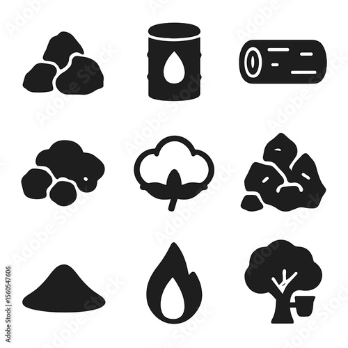 Raw Materials Icons. Solid, filled icon set of raw materials: iron ore, crude oil, timber log, coal, cotton boll, bauxite, sand