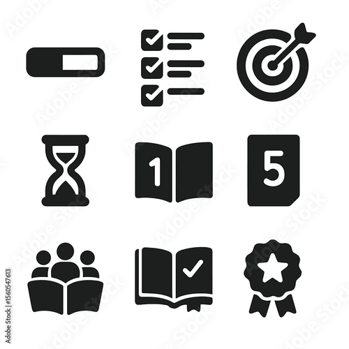 Reading Progress Icons. Solid, filled icon set of reading progress: progress bar, checklist, goal target, timer, chapter marker,
