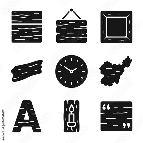 Reclaimed Wood Icon Set. Solid, filled icon set of reclaimed wood wall decor: wall panel, wooden sign, photo frame, decorative