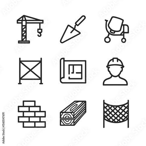 Reconstruction Icon Set. Outline icon set of Rebuilding and Reconstruction Efforts: construction crane, bricklaying trowel, cement