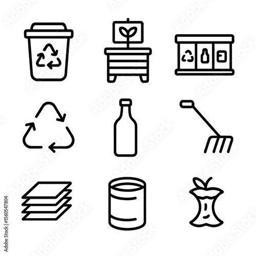 Recycling Tools Icons. Outline icon set of recycling and composting tools: recycling bin, compost bin, sorting station, compost