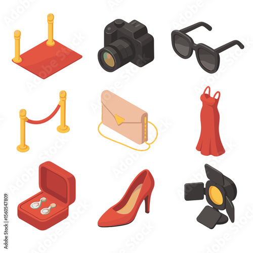Red Carpet Icons Set. Isometric Flat icon set of red carpet event attire: red carpet, paparazzi camera, velvet rope stanchion,