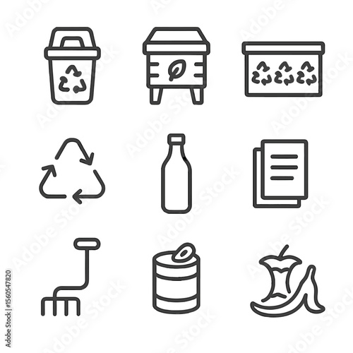 Recycling Tools Icons. Outline icon set of recycling and composting tools: recycling bin, compost bin, sorting station, compost