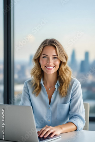 A smiling young woman with long blonde hair sits in front of a laptop, gazing directly at the camera with a bright, confident expression against a blurred cityscape backdrop. Free Download A smiling young woman with long blonde hair sits in front of a laptop, gazing directly at the camera with a bright, confident expression against a blurred cityscape backdrop. - GFXLoad
