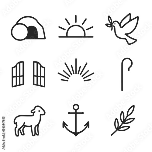 Redemption Symbols Icon Set. Outline icon set of Redemption and Hope Symbols: empty tomb, rising sun, white dove, olive branch,