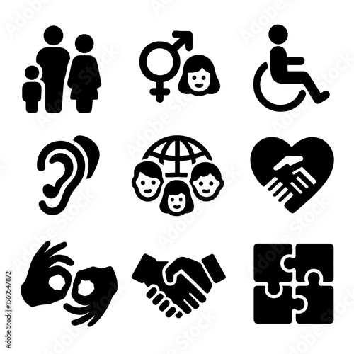 Diverse Inclusion Icons. Solid, filled icon set of inclusive diversity symbols: people of different ages, gender symbols,