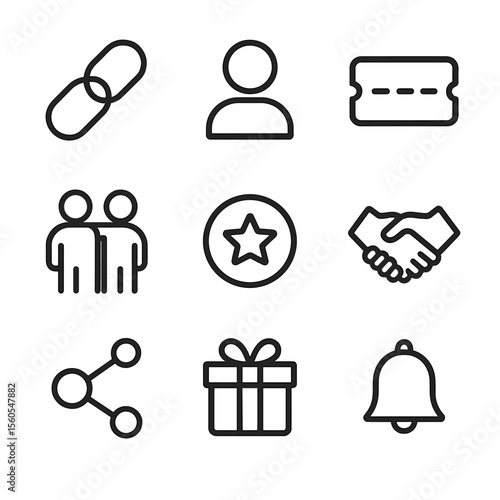 Referral Program Icons. Outline icon set of referral program elements: share link, user avatar, referral code, friend invite,