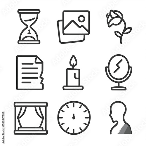Icons of Regret. Outline icon set of Regret and Reflection: broken hourglass, fading photograph, wilted rose, torn letter, dimmed