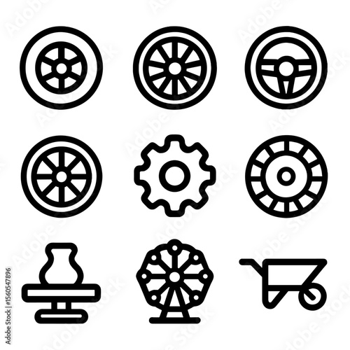 Diverse Wheel Icons. Solid, filled icon set of wheel: car wheel, bicycle wheel, steering wheel, wagon wheel, gear wheel, roulette
