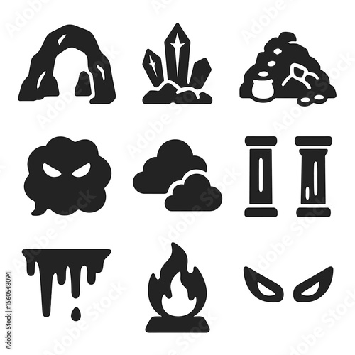 Dragon Lair Icons. Solid, filled icon set of dragon lair environment: rocky cave, glowing crystals, treasure pile, dark shadows,