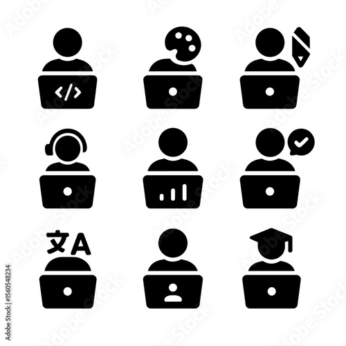 Remote Job Icons. Solid, filled icon set of remote job roles: software developer, graphic designer, content writer, customer