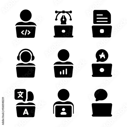 Remote Job Icons. Solid, filled icon set of remote job roles: software developer, graphic designer, content writer, customer