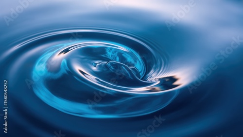 A mesmerizing close-up of a water droplet creating ripples, captured in vivid blue tones with a smooth, reflective surface.