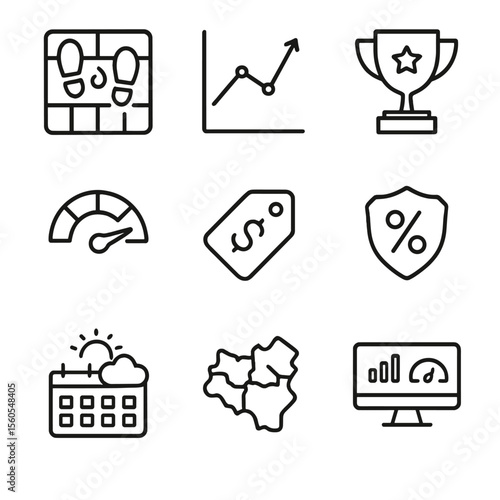 Retail Analytics Icons. Outline icon set of retail analytics: foot traffic heatmap, sales trend line, top-selling product trophy,