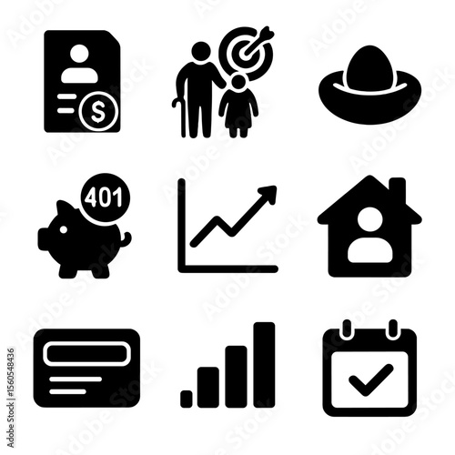 Retirement Savings Icons. Solid, filled icon set of retirement savings: pension plan, retirement goal, nest egg, 401(k) icon,