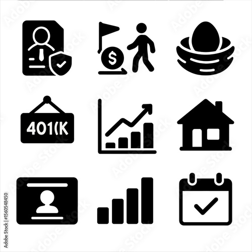 Retirement Savings Icons. Solid, filled icon set of retirement savings: pension plan, retirement goal, nest egg, 401(k) icon,
