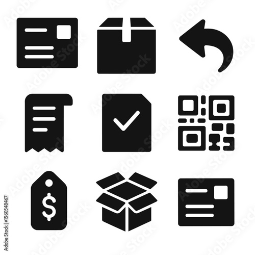 Return Shipping Icons. Solid, filled icon set of return shipping essentials: return label, sealed box, return arrow, receipt slip,