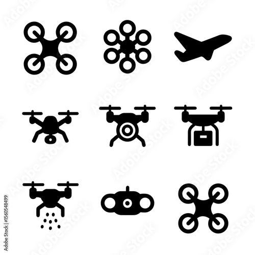 Drone Icons Grid. Solid, filled icon set of drone types: quadcopter, hexacopter, fixed-wing drone, racing drone, camera drone,