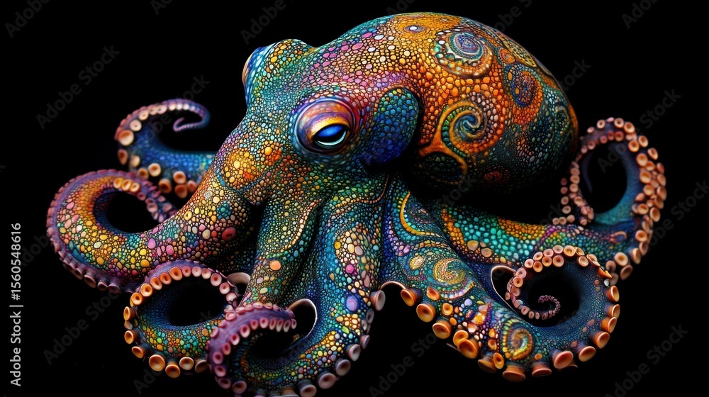 Obraz premium Vibrant, colorful octopus with intricate patterns on a black background.