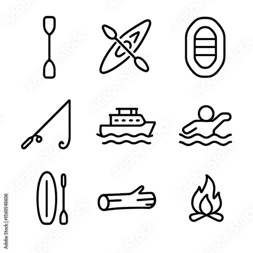 River Recreation Icons. Outline icon set of River Recreation: kayak paddle, canoe, rafting boat, fishing rod, river cruise boat,