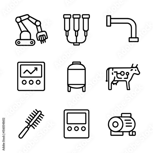 Robotic Milking Icons. Outline icon set of robotic milking systems: milking robot arm, teat cups, milk pipeline, sensor console,