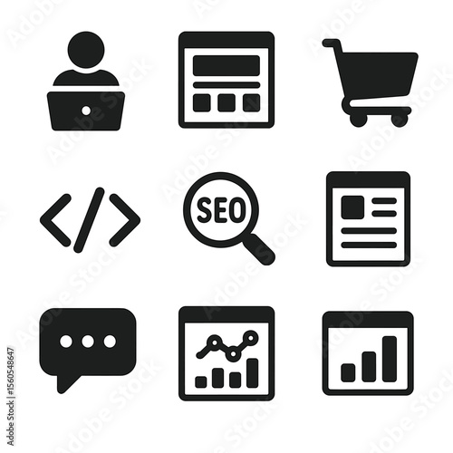 E-commerce Icon Grid. Solid, filled icon set of person building a business website or e-commerce platform: laptop, website