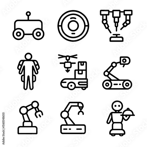 Robotics Icon Set. Outline icon set of robotics applications: mobile robot, robotic vacuum, surgical robot, drone delivery,