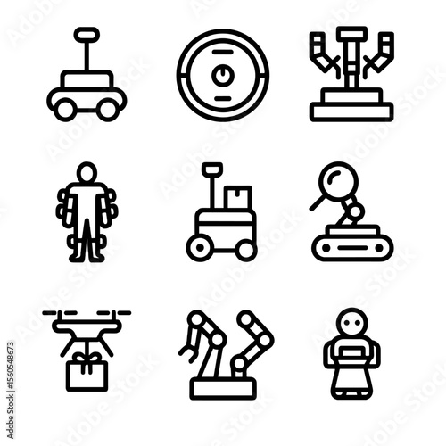 Robotics Icon Set. Outline icon set of robotics applications: mobile robot, robotic vacuum, surgical robot, drone delivery,