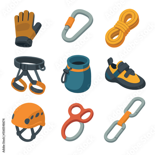 Rock Climbing Gear Icons. Isometric Flat icon set of rock climbing gloves and gear: climbing glove, carabiner, climbing rope,