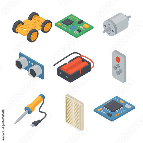 Robotics Science Kit. Isometric Flat icon set of robotics science kit: robot chassis, circuit board, DC motor, ultrasonic sensor,