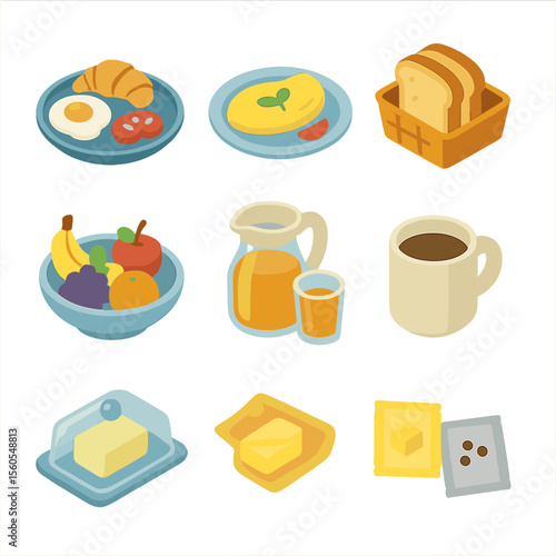 Room Service Icons. Isometric Flat icon set of room service trays: breakfast platter, omelette plate, toast basket, fruit bowl,