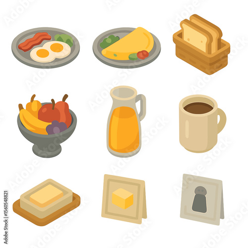 Room Service Icons. Isometric Flat icon set of room service trays: breakfast platter, omelette plate, toast basket, fruit bowl,