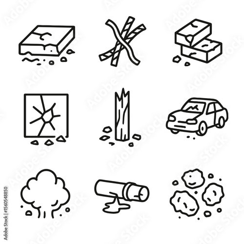 Rubble Icon Set. Outline icon set of Rubble and Debris Scenes: concrete slab, twisted metal rebar, broken brick, shattered glass,
