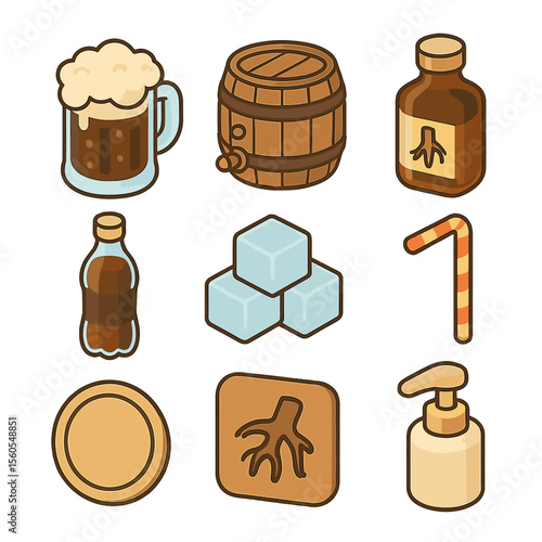 Root Beer Icon Set. Isometric Flat icon set of root beer beverage elements: frothy mug, barrel keg, root extract bottle, soda