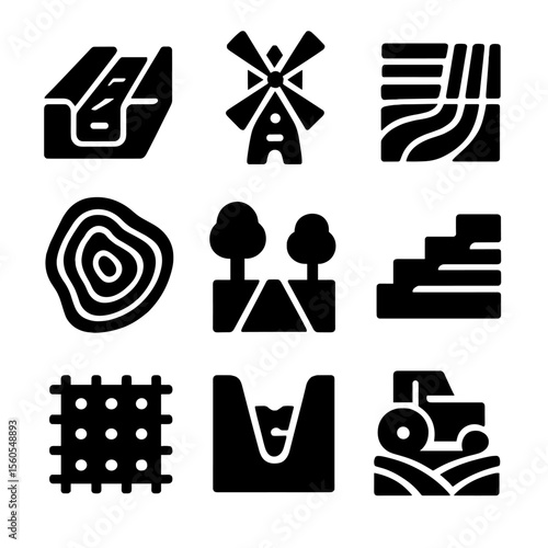 Rural Management Icons. Solid, filled icon set of rural land management: irrigation channel, windmill, field boundary, topographic