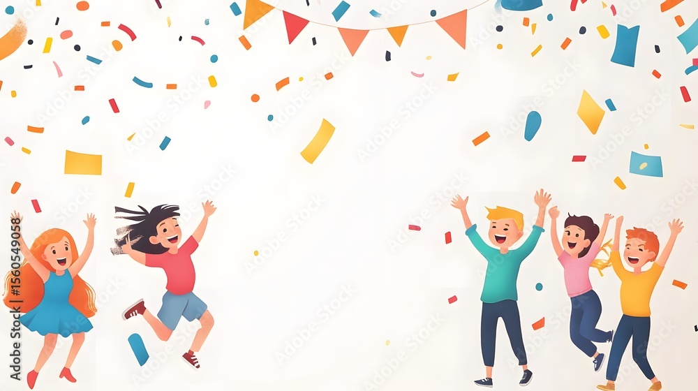 Fototapeta premium Children jumping for joy amidst confetti.
