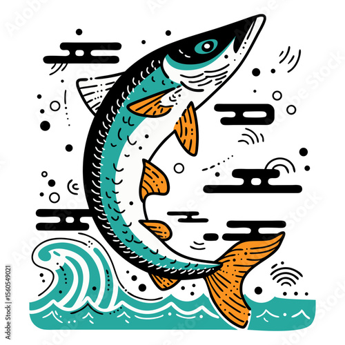Fish pike jumping out of water against a background of waves and abstract doodle patterns with decorative elements. Conceptual vector illustration for sea, ocean, aquatic life design element