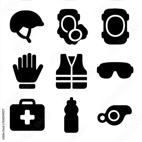 Safety Gear Icons. Solid, filled icon set of safety gear: helmet, elbow pads, knee pads, gloves, reflective vest, goggles, first