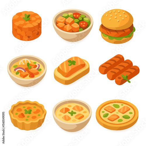 Isometric Salmon Menu Icons. Isometric Flat icon set of salmon fillet restaurant menu items: salmon tartare, salmon poke bowl,