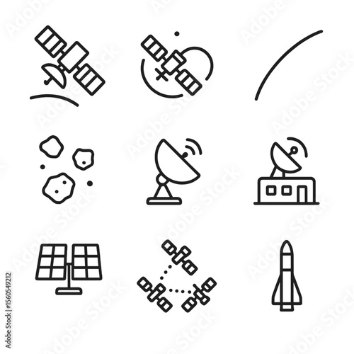 Satellite Icon Set. Outline icon set of orbital mechanics and satellites: low Earth orbit satellite, geostationary satellite,