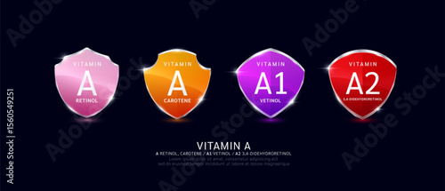 Vitamin A in translucent glass shield aluminum frame shiny modern 3D isolated on dark background. Vitamins set. For design dietary supplement products. Health care protection concept. Vector.